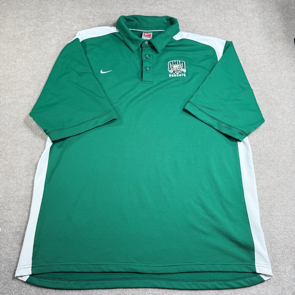 Nike Team Ohio Bobcats Polo Shirt Mens XL Green White Short Sleeve FIT DRY F8BID